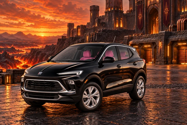 Stormy’s black Skydancer — 2025 Buick Encore GX. Black Buick at Cinderspan Keep. Fictional automotive artwork.