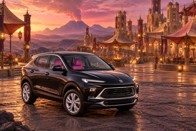 Stormy’s black Skydancer — 2025 Buick Encore GX. Black Buick at Wayfarer Crown. Fictional automotive artwork.