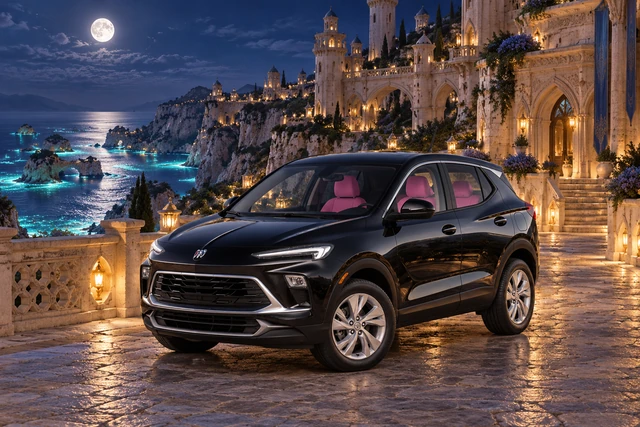 Stormy’s black Skydancer — 2025 Buick Encore GX. Black Buick at Moonwater Terrace. Fictional automotive artwork.