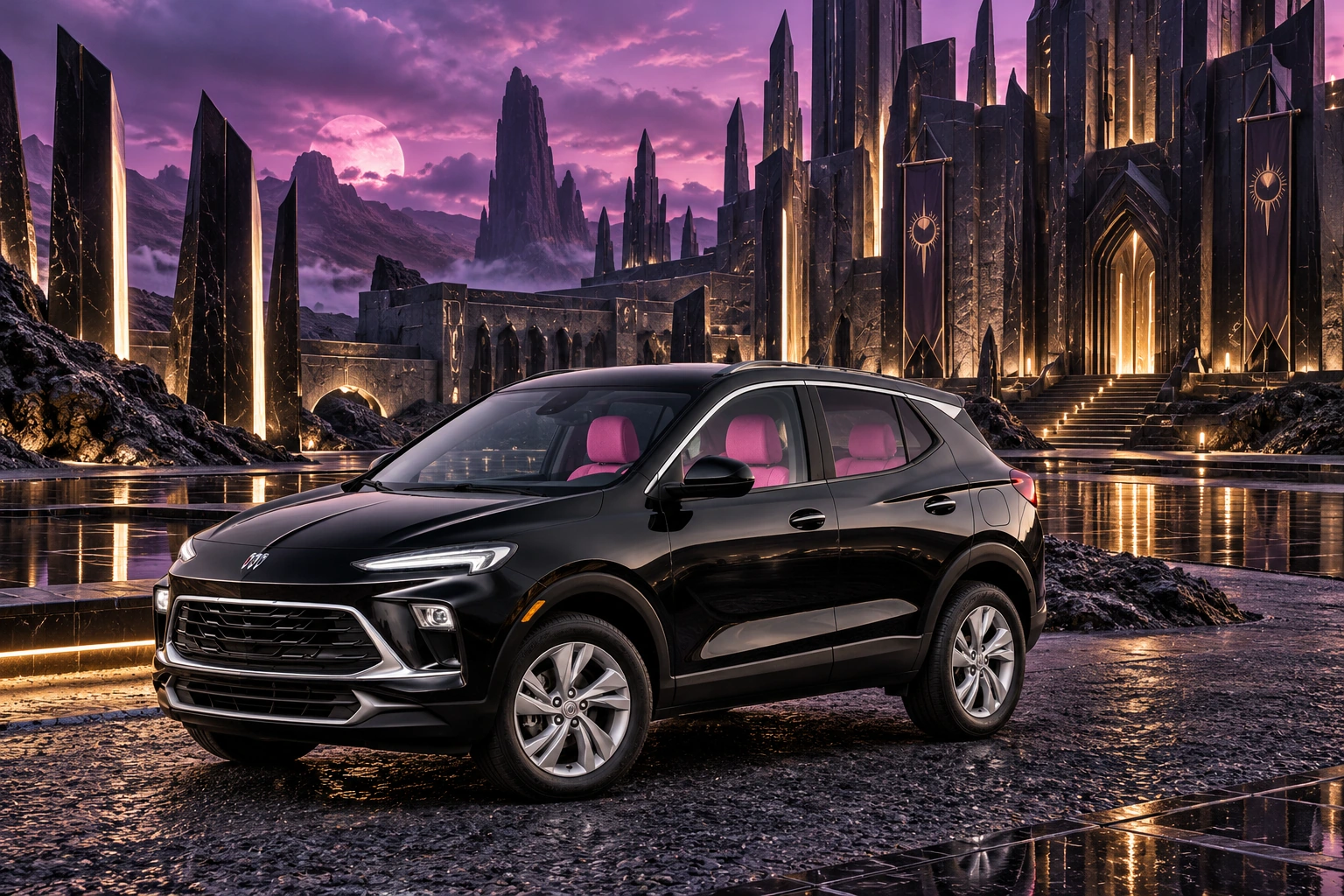 Stormy’s black Skydancer — 2025 Buick Encore GX. Black Buick at Nocturne Court. Fictional automotive artwork.