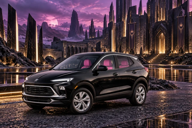 Stormy’s black Skydancer — 2025 Buick Encore GX. Black Buick at Nocturne Court. Fictional automotive artwork.