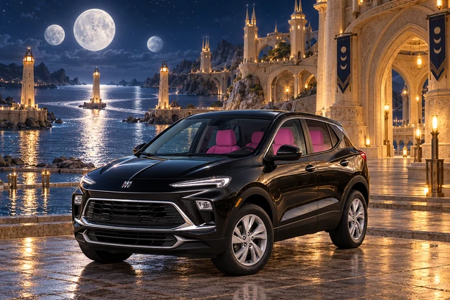 Stormy’s black Skydancer — 2025 Buick Encore GX. Black Buick at the Three-Wake Palace. Fictional automotive artwork.