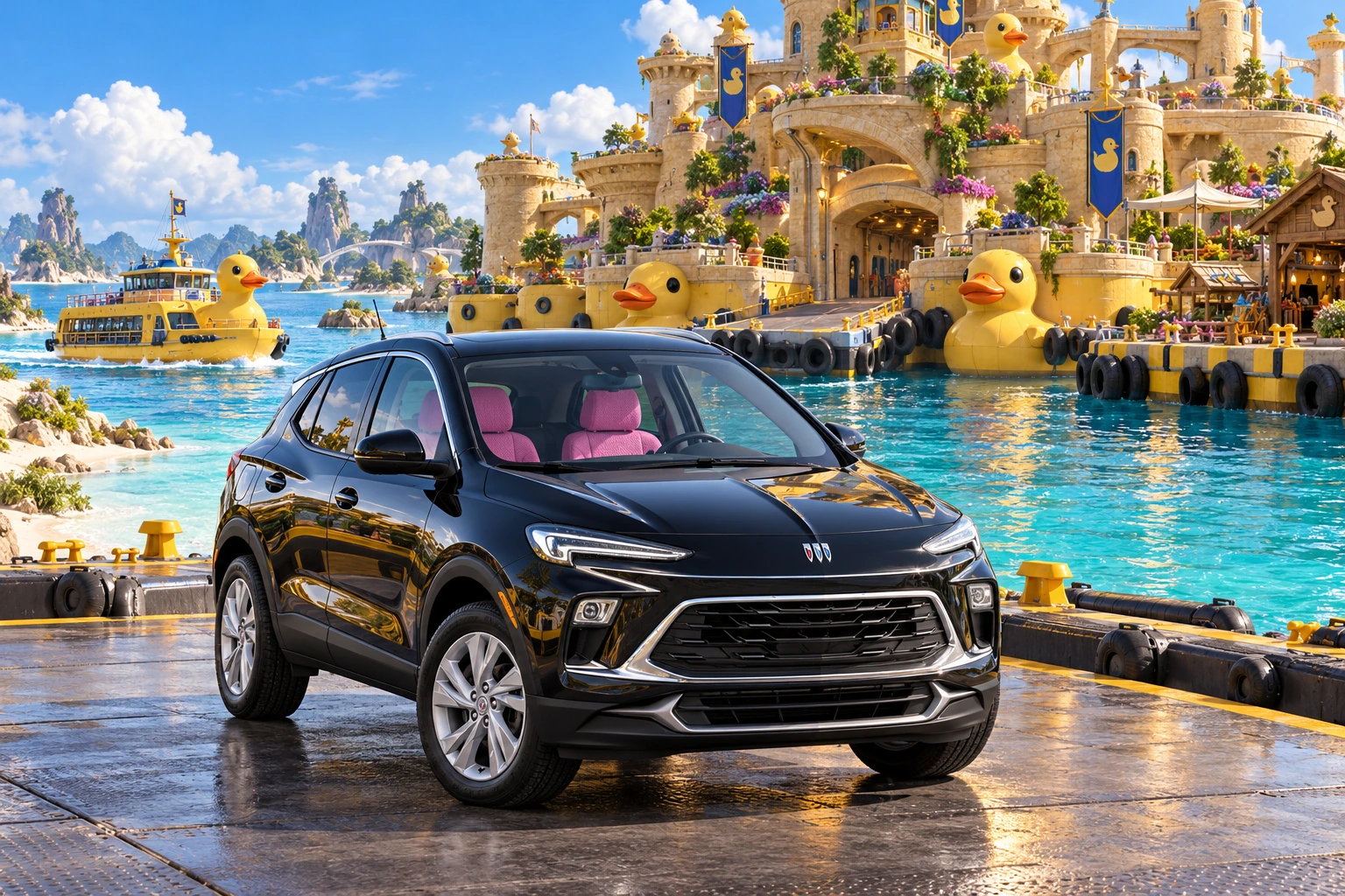 Stormy’s black Skydancer — 2025 Buick Encore GX. Black Buick at Quackwater Citadel. Fictional automotive artwork.