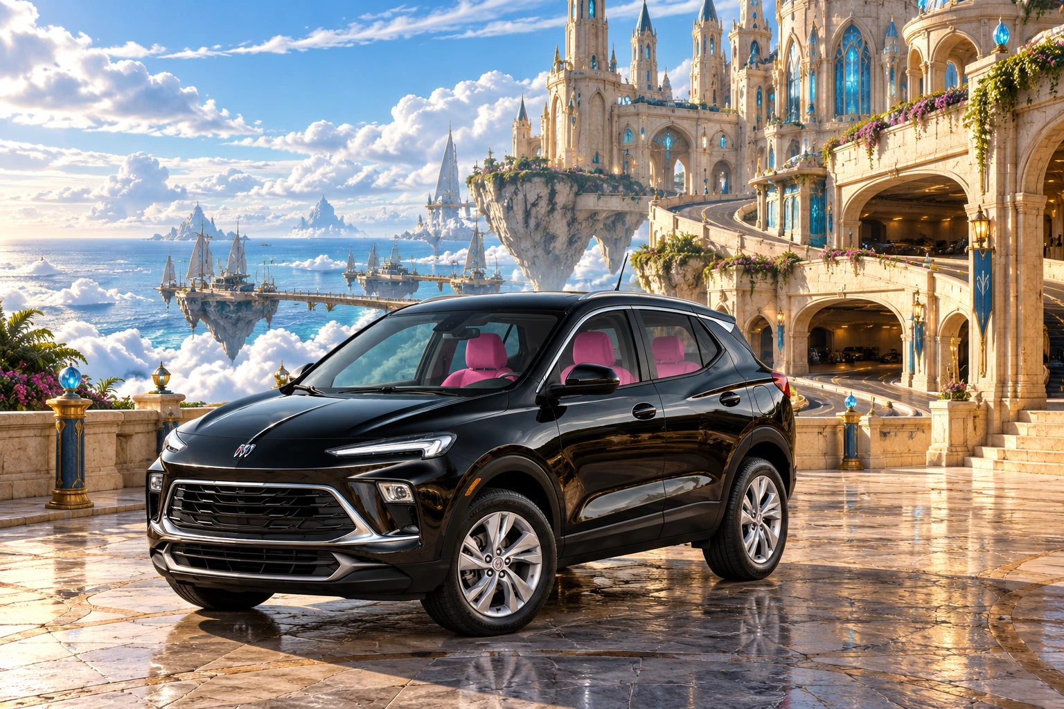Stormy’s black Skydancer — 2025 Buick Encore GX. Black Buick at the Sky-Tide Château. Fictional automotive artwork.