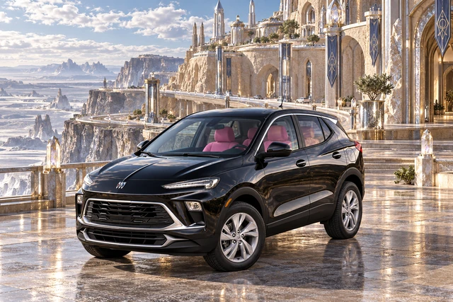 Stormy’s black Skydancer — 2025 Buick Encore GX. Black Buick at Silver Descent Château. Fictional automotive artwork.