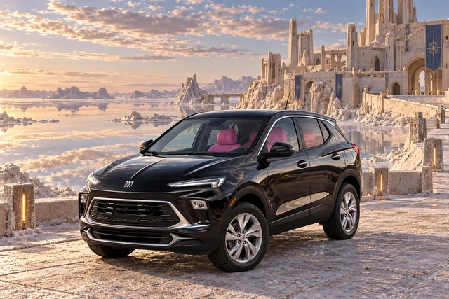 Stormy’s black Skydancer — 2025 Buick Encore GX. Black Buick at Saltglass Horizon Keep. Fictional automotive artwork.