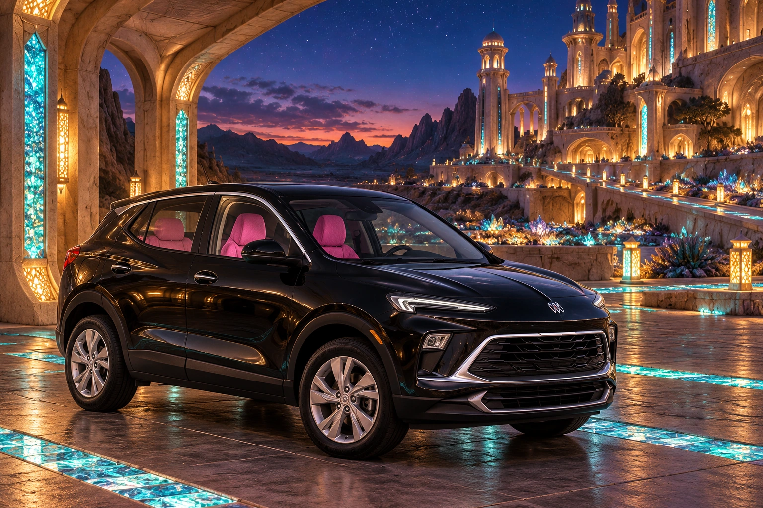 Stormy’s black Skydancer — 2025 Buick Encore GX. Black Buick at Luminite’s Afterglow Keep. Fictional automotive artwork.