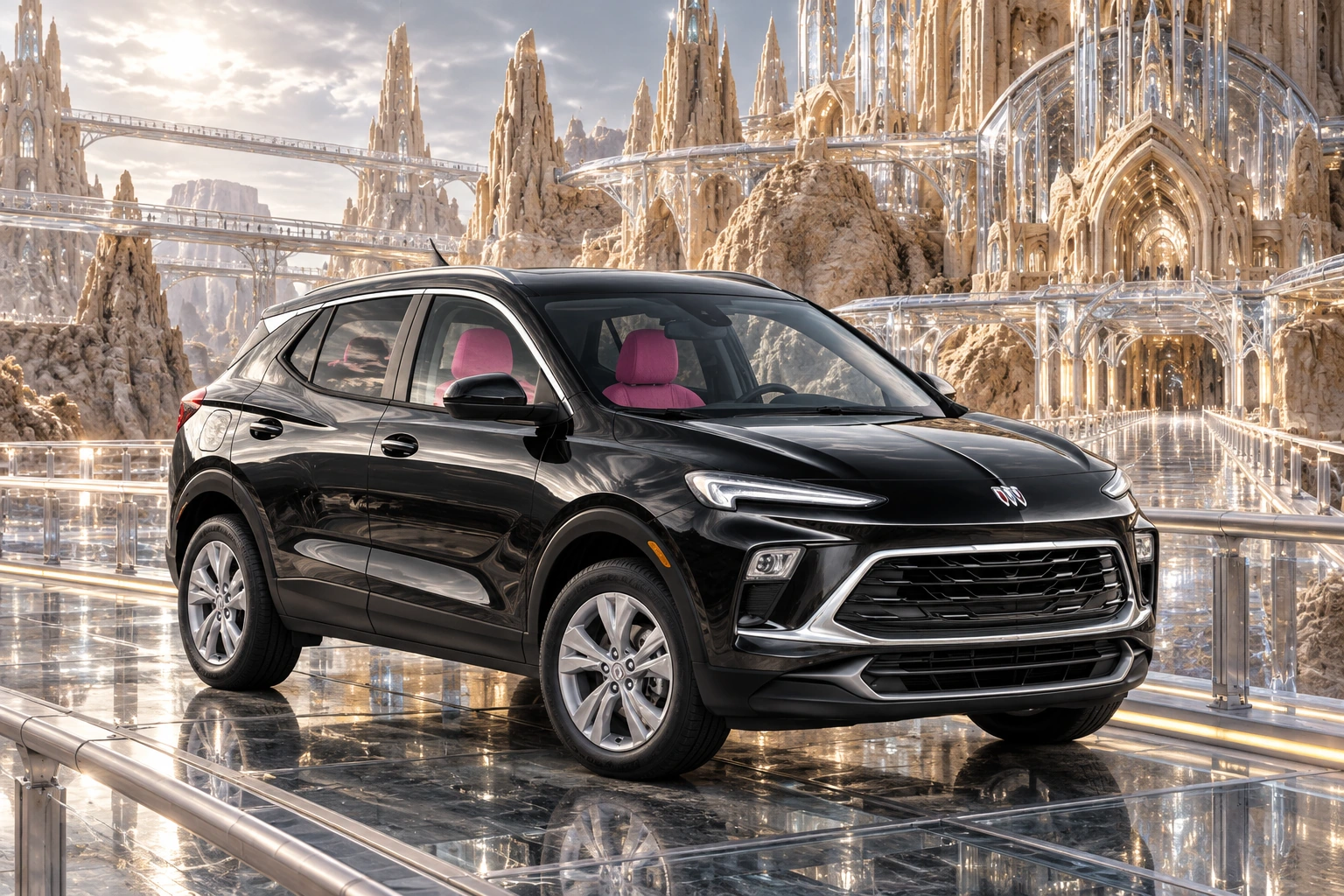 Stormy’s black Skydancer — 2025 Buick Encore GX. Black Buick at the Clear-Rib Citadel. Fictional automotive artwork.