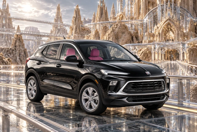 Stormy’s black Skydancer — 2025 Buick Encore GX. Black Buick at the Clear-Rib Citadel. Fictional automotive artwork.
