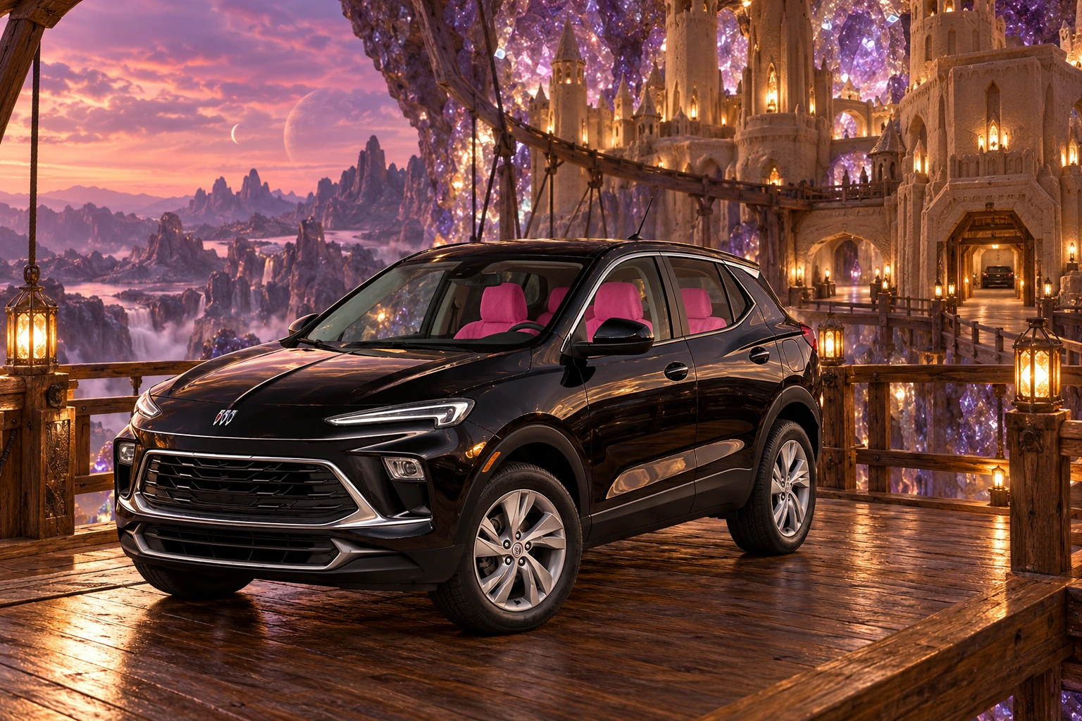 Stormy’s black Skydancer — 2025 Buick Encore GX. Black Buick in a Geode Castle. Fictional automotive artwork.