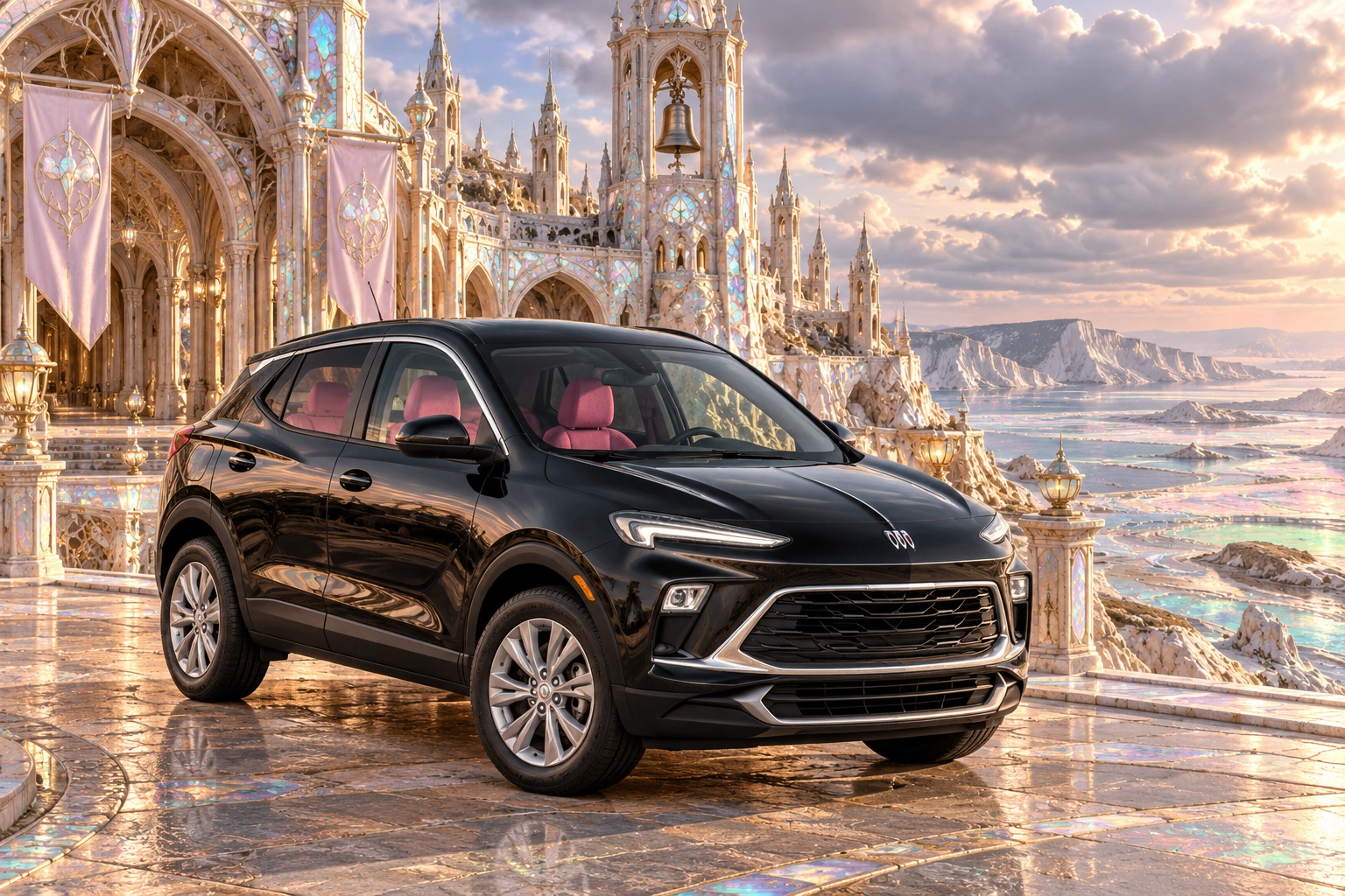 Stormy’s black Skydancer — 2025 Buick Encore GX. Black Buick at Tidebell Court. Fictional automotive artwork.