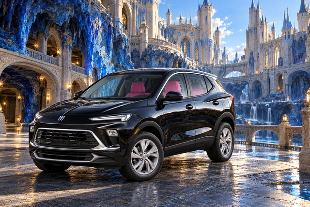 Stormy’s black Skydancer — 2025 Buick Encore GX. Black Buick at Sapphire Hollow Citadel. Fictional automotive artwork.