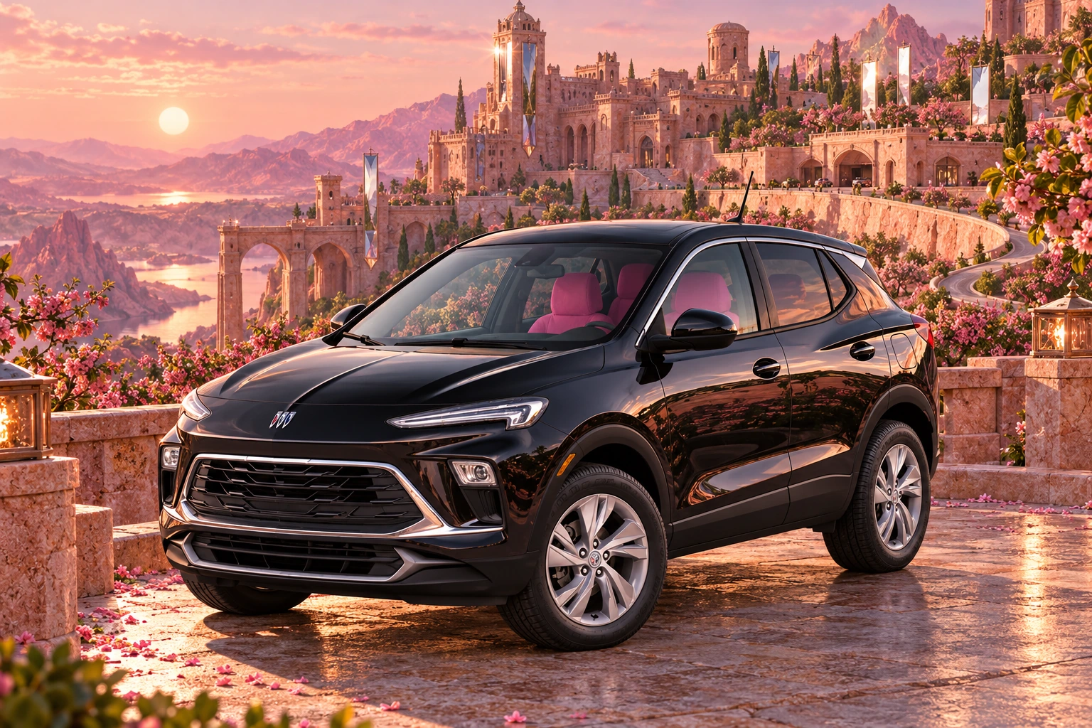 Stormy’s black Skydancer — 2025 Buick Encore GX. Black Buick at Orchardlight Bastion. Fictional automotive artwork.