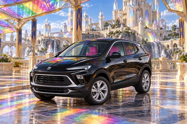 Stormy’s black Skydancer — 2025 Buick Encore GX. Black Buick Beneath Prismara’s Rainbow Castle. Fictional automotive artwork.