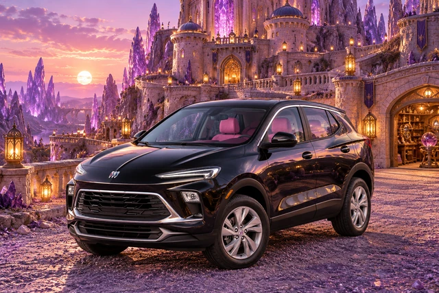 Stormy’s black Skydancer — 2025 Buick Encore GX. Buick at the Amethyst Reach Keep. Fictional automotive artwork.
