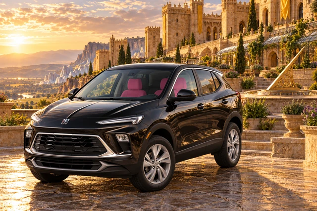 Stormy’s black Skydancer — 2025 Buick Encore GX. Black Buick at the Long-Afternoon Palace. Fictional automotive artwork.