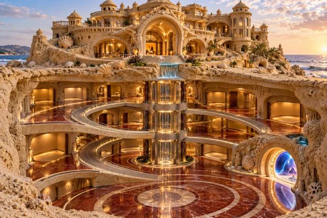 Multidimensional garage beneath a sand mansion