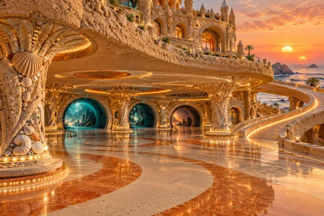 Retro-futurist sandcastle garage