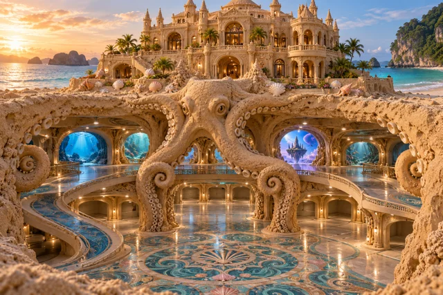 Sand Mansion Garage with Octopus Pillars
