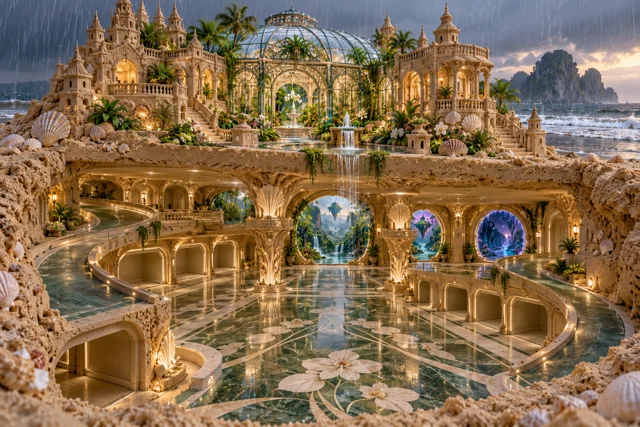 Sandcastle mansion with a portal garage