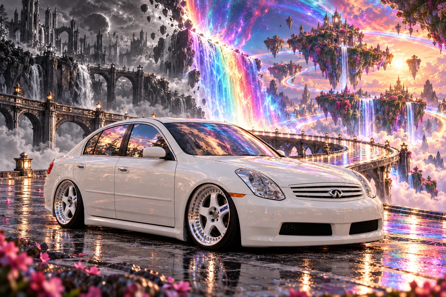 White Infiniti beneath a cosmic rainbow.
