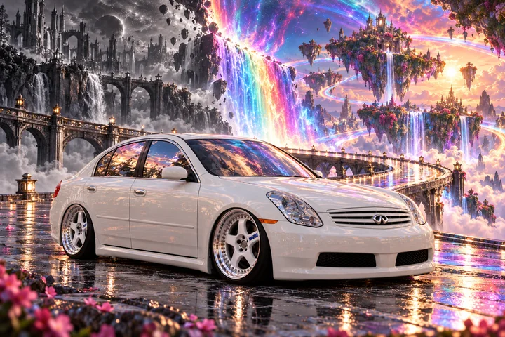 White Infiniti beneath a cosmic rainbow.