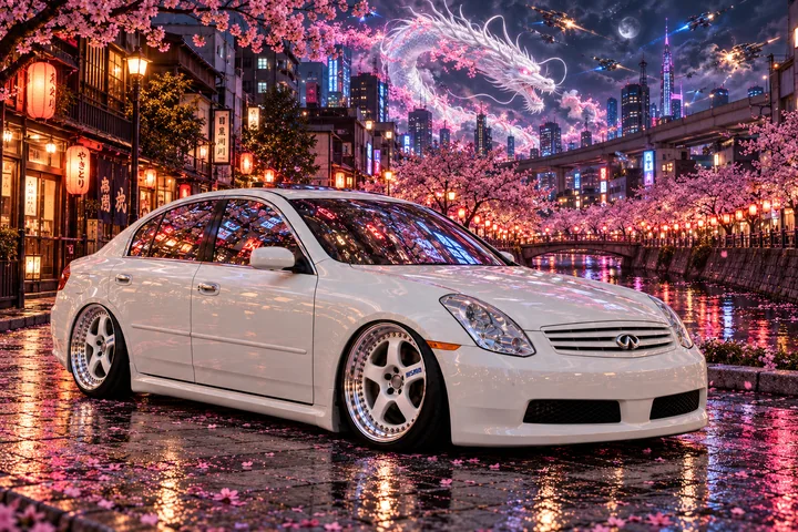 NISMO Infiniti beneath Tokyo’s white dragon.