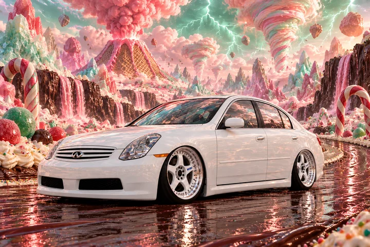 Pearl-White Infiniti in Candyland Storm.