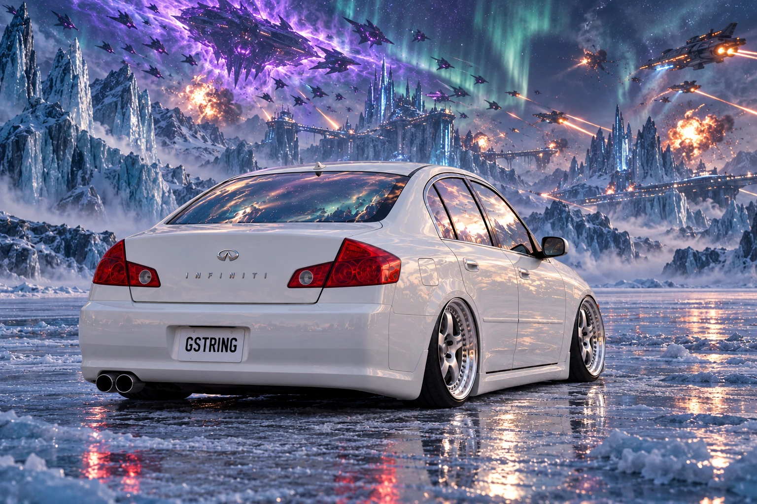 White Infiniti beneath aurora and starfighters.