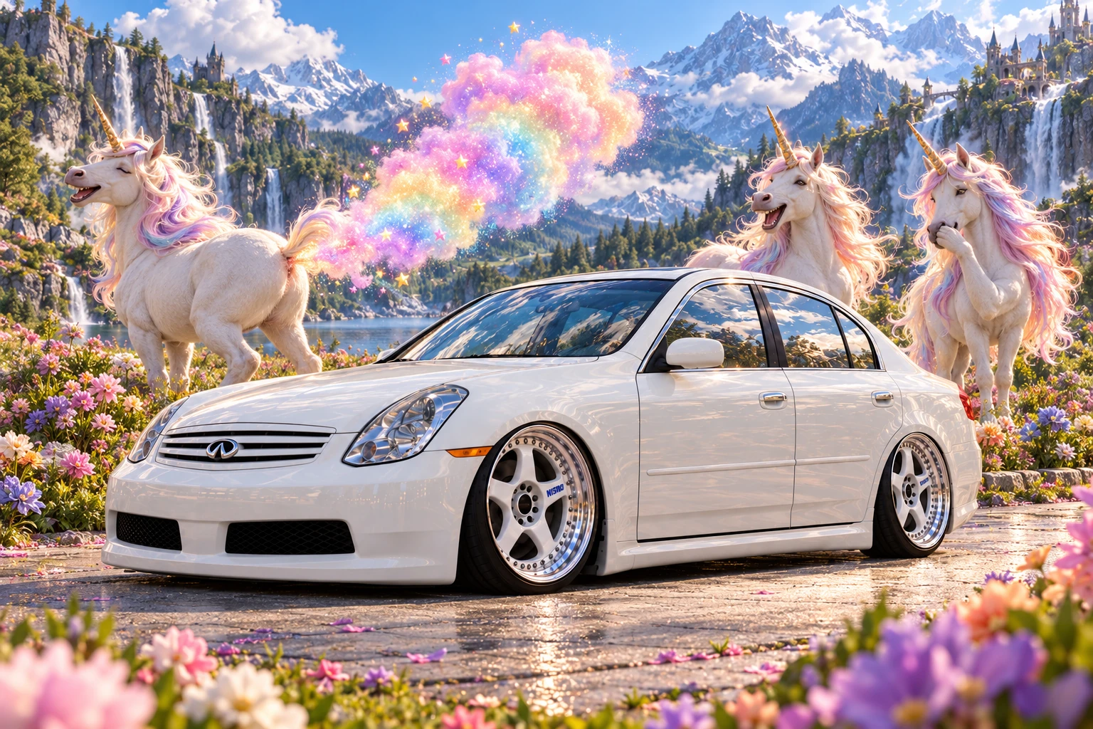 White Infiniti amid Unicorns and Rainbow Smoke.