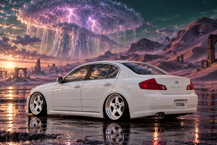 White Infiniti beneath the jellyfish storm.