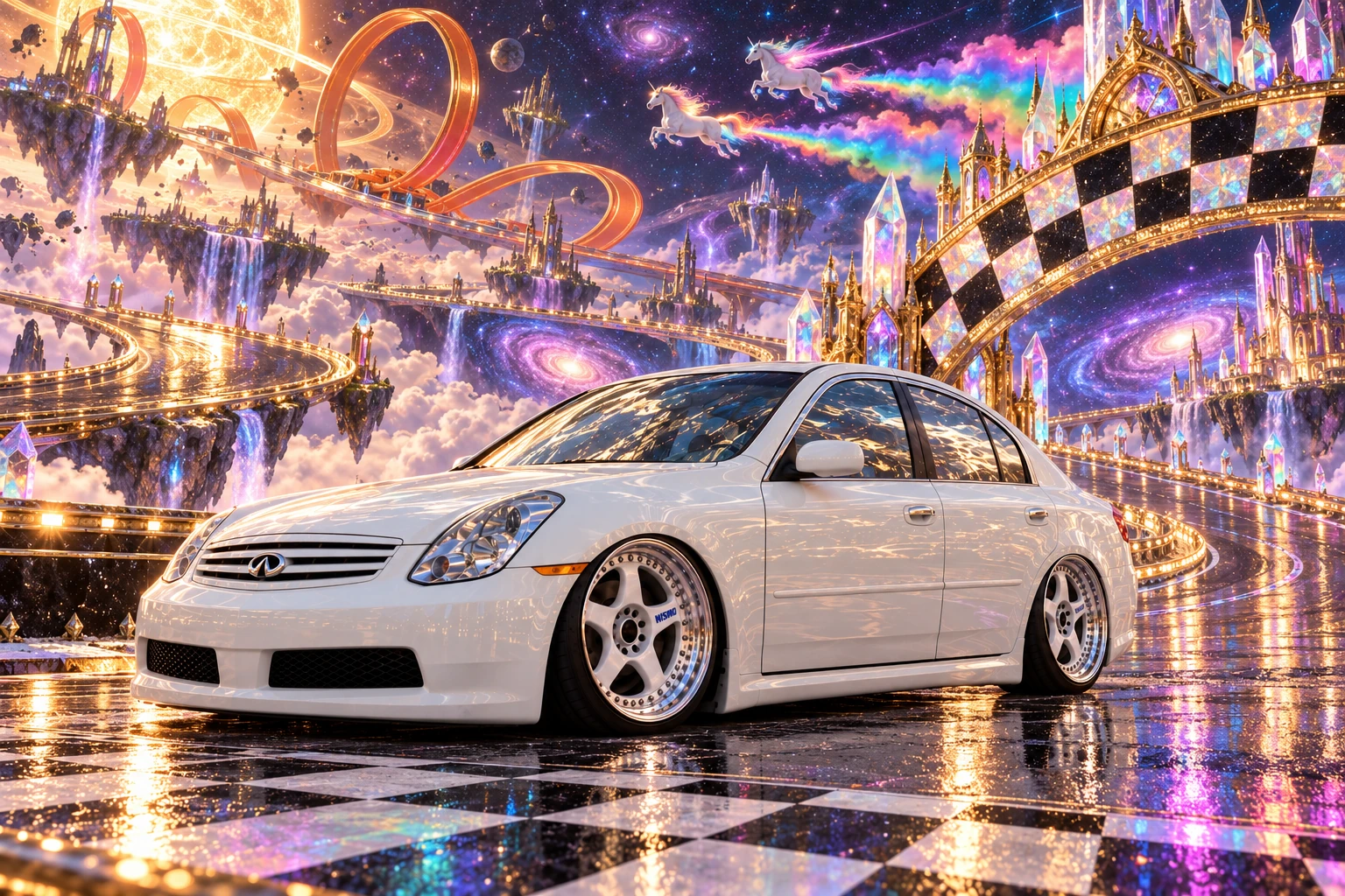 White Infiniti at the Galactic Finish.