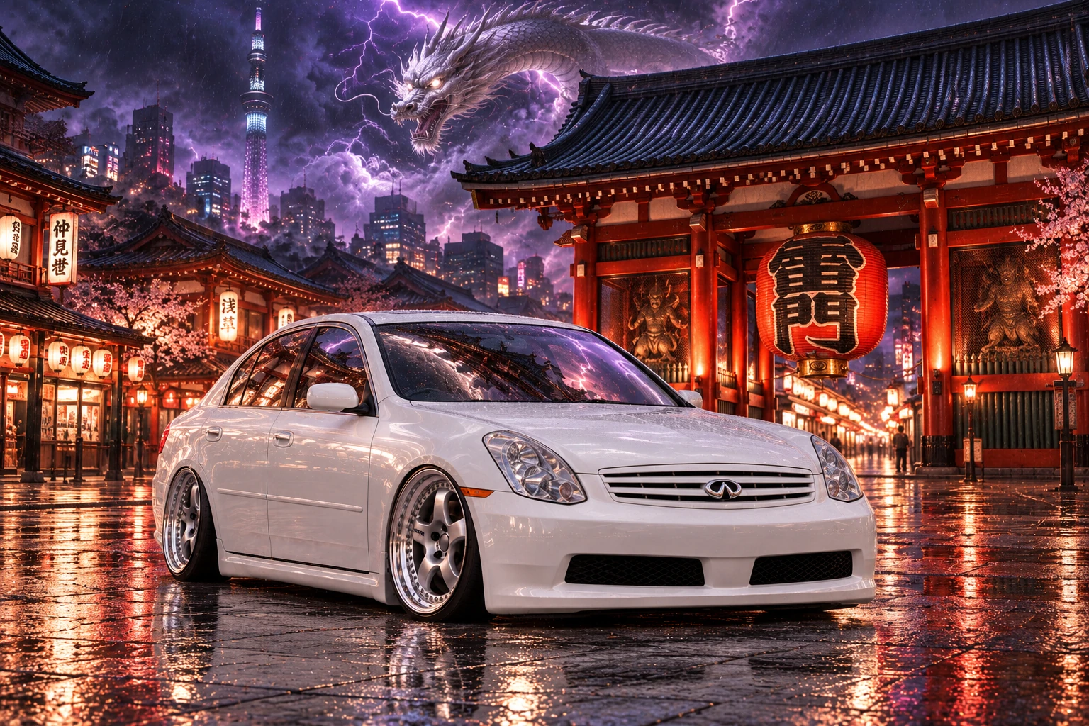 Pearl-White Infiniti at Tokyo's Lightning Gate.