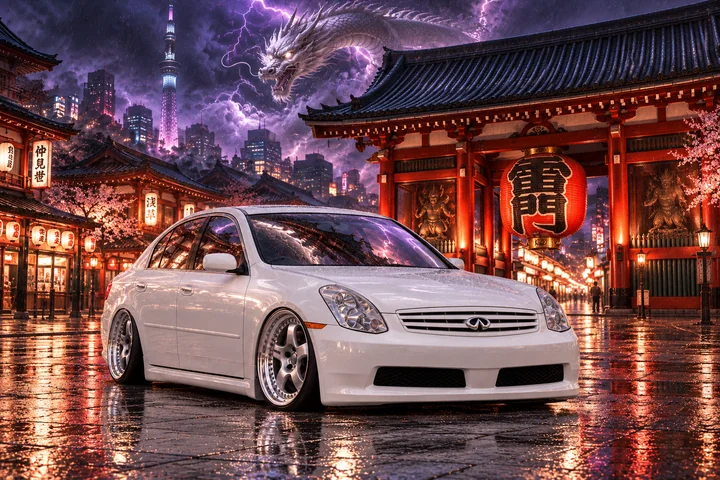 Pearl-White Infiniti at Tokyo's Lightning Gate.