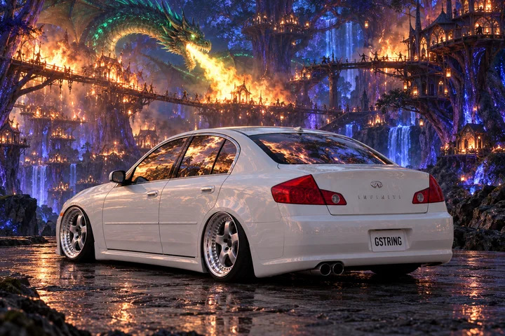 White Infiniti Beneath a Bioluminescent Dragon.