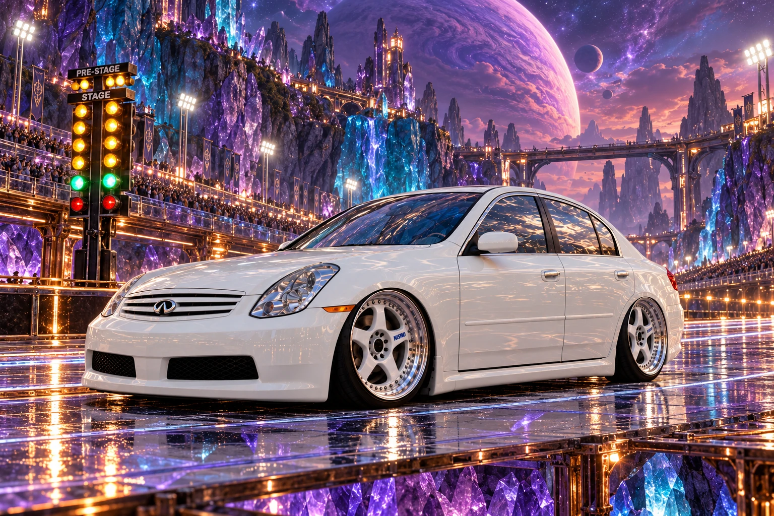 White Infiniti at the Crystal Drag Strip.