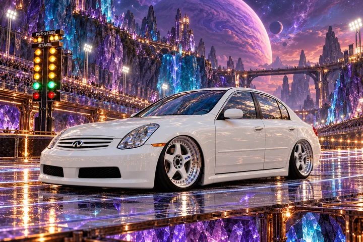 White Infiniti at the Crystal Drag Strip.