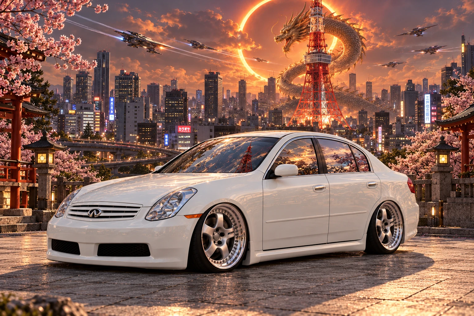 White Infiniti Beneath Tokyo's Dragon Eclipse.