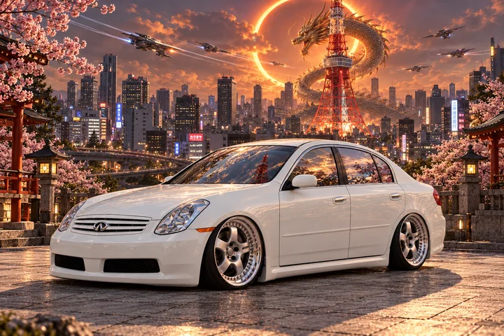 White Infiniti Beneath Tokyo's Dragon Eclipse.