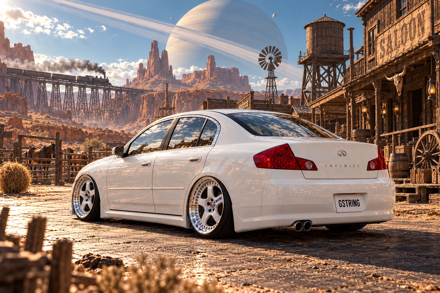 White Infiniti Beneath Alien Frontier Rings.