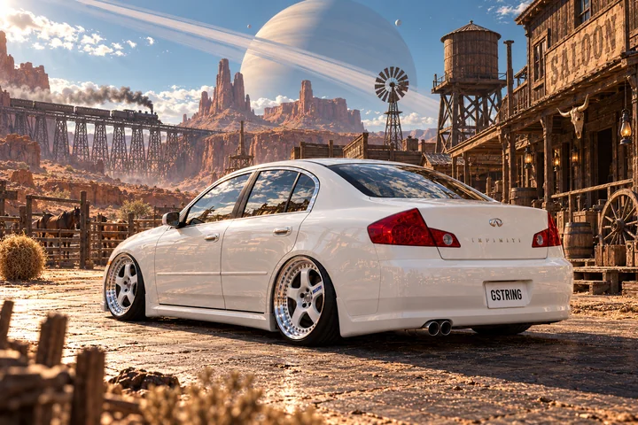 White Infiniti Beneath Alien Frontier Rings.