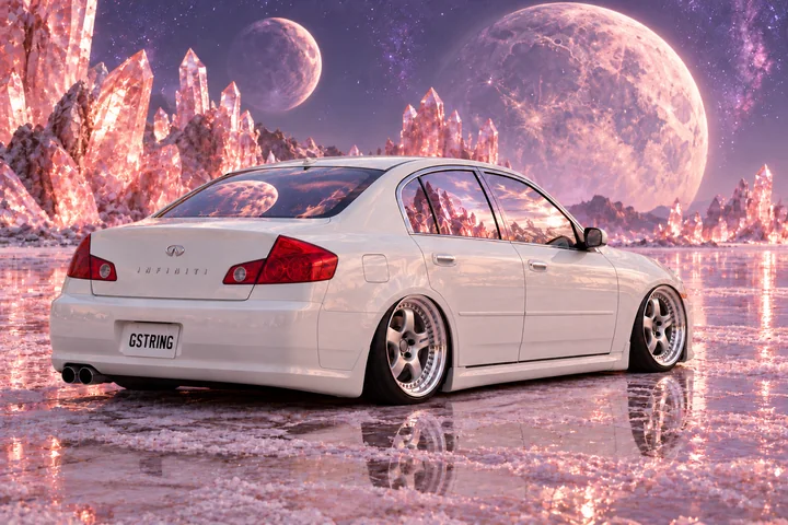 Rear three-quarter view of Tony with a GSTRING plate among pink crystals beneath twin moons.