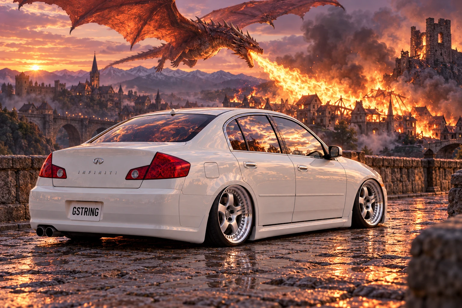 White Infiniti, dragonfire over a medieval village.