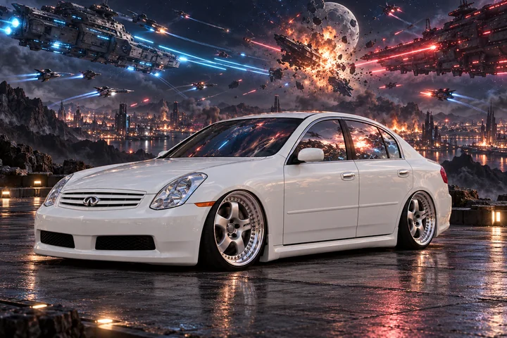 Pearl-White G35 Beneath an Orbital Battle.