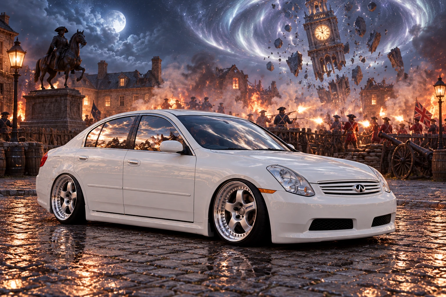 White Infiniti Beneath the Floating Clocktower.