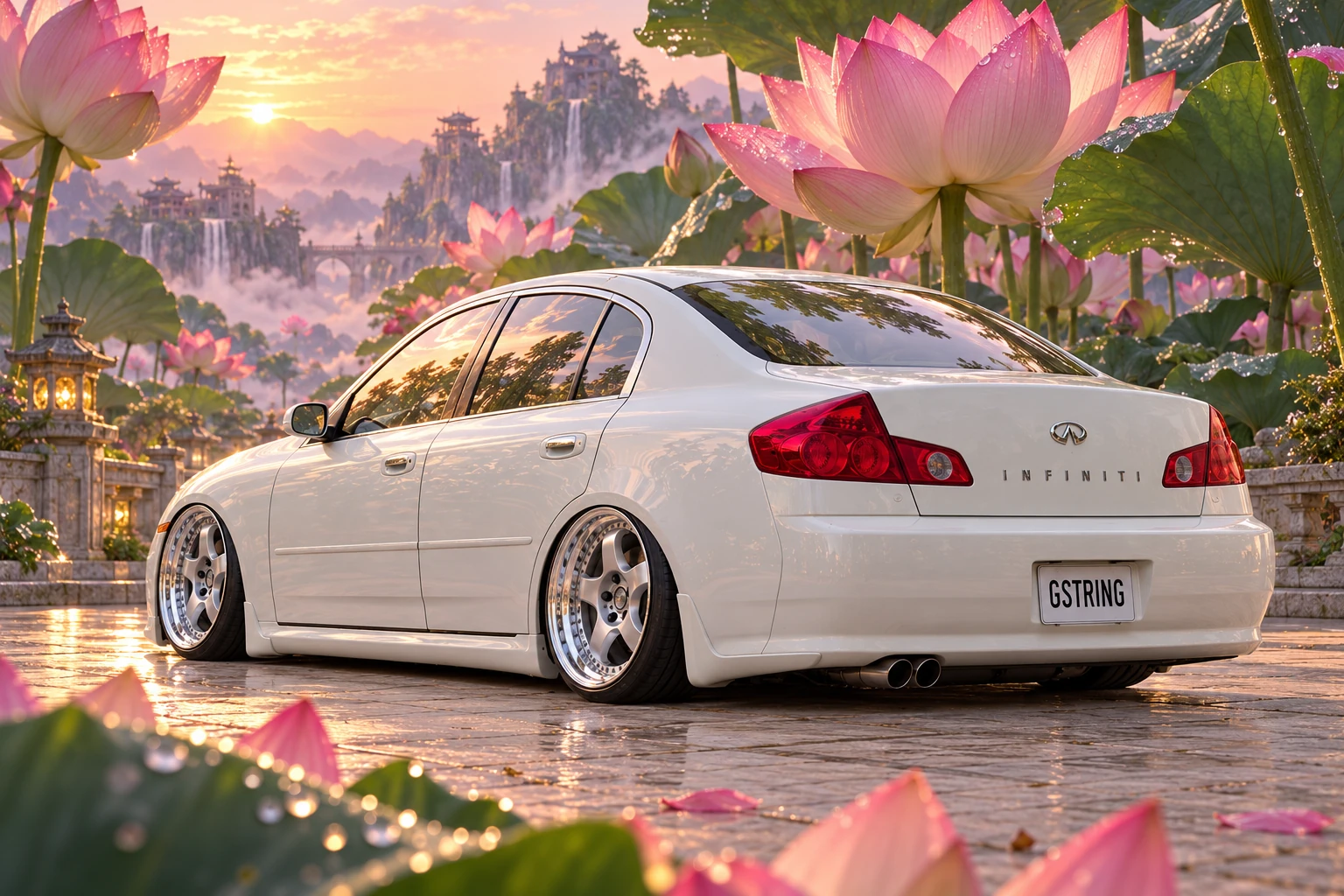 Rear three-quarter view of Tony beside enormous pink lotus flowers and an illuminated garden.