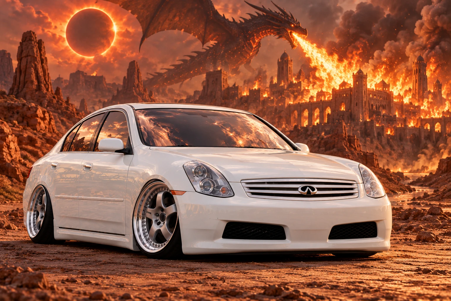 Pearl White Infiniti Under Dragonfire.