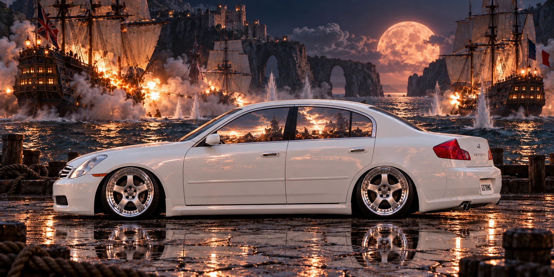 White Infiniti at a Moonlit Naval Battle.