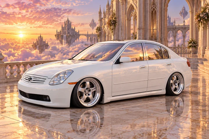 Front three-quarter view of Tony above the clouds beside a floating palace at sunset.