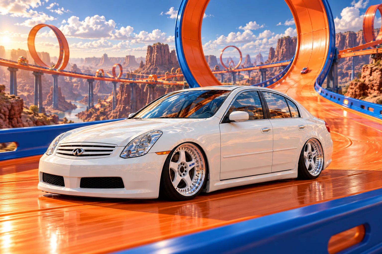 White Infiniti on a Canyon Loop.